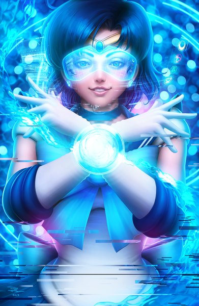 Anime picture 783x1200 with bishoujo senshi sailor moon toei animation mizuno ami sailor mercury digiflohw single tall image looking at viewer fringe short hair blue eyes smile signed blue hair upper body lips realistic teeth magic crossed arms
