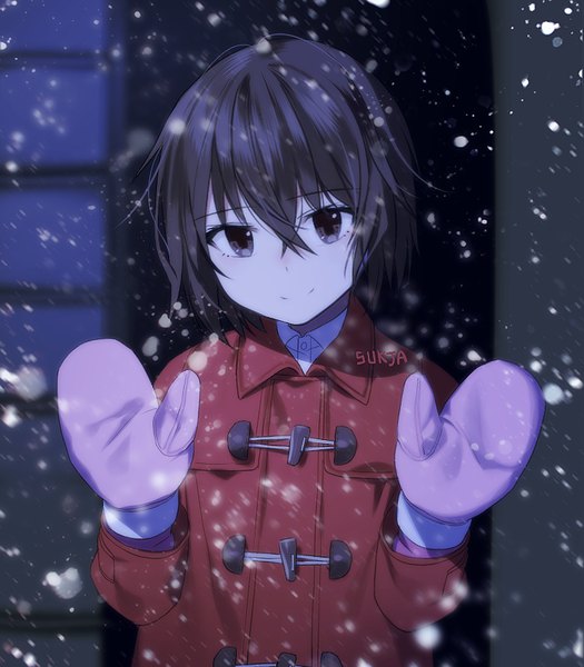 Anime-Bild 700x800 mit boku dake ga inai machi a-1 pictures hinazuki kayo sorolp single tall image looking at viewer fringe short hair black hair smile hair between eyes signed upper body outdoors black eyes snowing tsurime girl coat