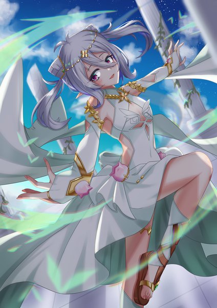 Anime picture 1447x2047 with princess connect! re:dive princess connect! kokkoro (princess connect!) tsubasa single tall image blush fringe short hair breasts open mouth smile hair between eyes standing purple eyes payot looking away sky silver hair cloud (clouds)