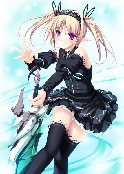 Anime picture 1000x1400 with original tenmaso long hair tall image blonde hair twintails pink eyes pointy ears loli short twintails girl thighhighs dress weapon black thighhighs sword