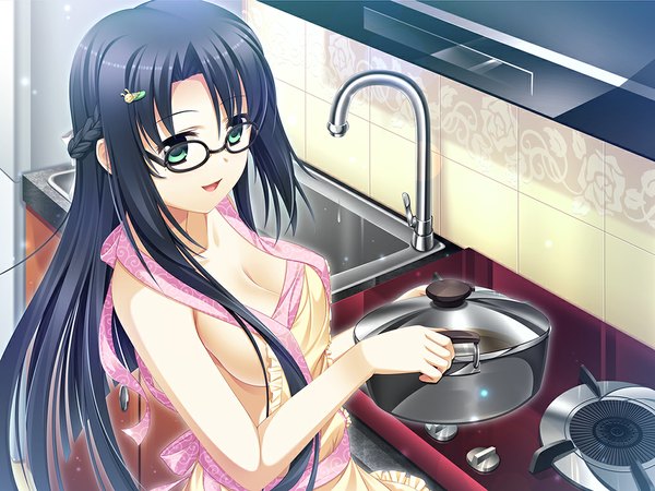 Anime picture 1024x768 with original 33paradox single long hair breasts open mouth blue eyes light erotic black hair braid (braids) sideboob naked apron cooking girl glasses tiles kitchen faucet stove