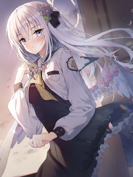 Anime picture 1200x1600 with blue archive azusa (blue archive) kuro futoshi single long hair tall image looking at viewer blush fringe hair between eyes standing purple eyes silver hair hair flower wind white wings girl uniform flower (flowers) school uniform