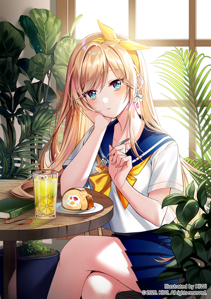 Anime picture 1500x2122 with original kiwi (pixiv6429539) single long hair tall image looking at viewer blush fringe blue eyes blonde hair hair between eyes sitting holding signed indoors head tilt pleated skirt short sleeves crossed legs expressionless