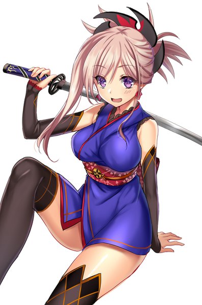 Anime picture 921x1392 with fate (series) fate/grand order miyamoto musashi (fate) harimoji single long hair tall image blush fringe breasts open mouth light erotic simple background large breasts white background sitting purple eyes holding looking away pink hair