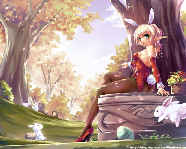 Anime picture 998x799 with world of warcraft blizzard entertainment blood elf windforcelan single long hair blush light erotic blonde hair green eyes animal ears ponytail tail animal tail pointy ears bunny ears bunny girl elf bunny tail girl