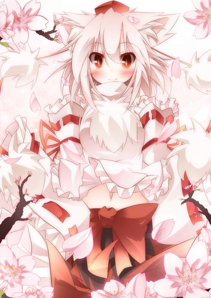 Anime picture 1500x2119 with touhou inubashiri momiji daidai ookami tall image blush short hair smile red eyes animal ears white hair girl flower (flowers) hat detached sleeves petals frills
