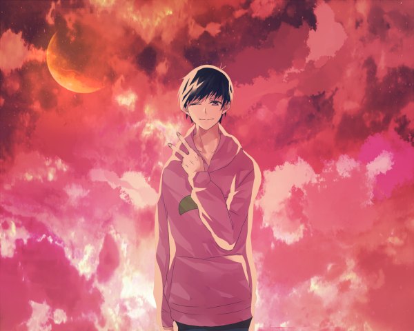 Anime picture 1200x960 with osomatsu-san matsuno todomatsu selloum single looking at viewer short hair black hair smile sky cloud (clouds) ahoge one eye closed pink eyes wink victory pink background boy hood moon hoodie