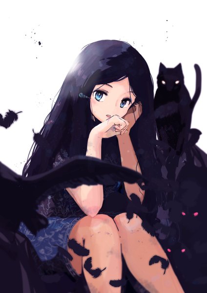 Anime picture 1059x1500 with original omiomi kekyu single long hair tall image looking at viewer fringe blue eyes black hair simple background white background sitting purple eyes short sleeves floral print glowing adjusting hair glowing eye (eyes) licking hand on face