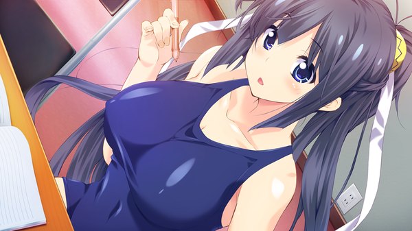 Anime picture 1024x576 with sensui-bu! single long hair blush breasts open mouth blue eyes light erotic black hair wide image large breasts game cg ponytail girl ribbon (ribbons) swimsuit hair ribbon pen