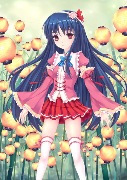 Anime picture 851x1200 with touhou houraisan kaguya fred0092 single long hair tall image looking at viewer red eyes blue hair girl thighhighs dress flower (flowers) detached sleeves white thighhighs frills hairband