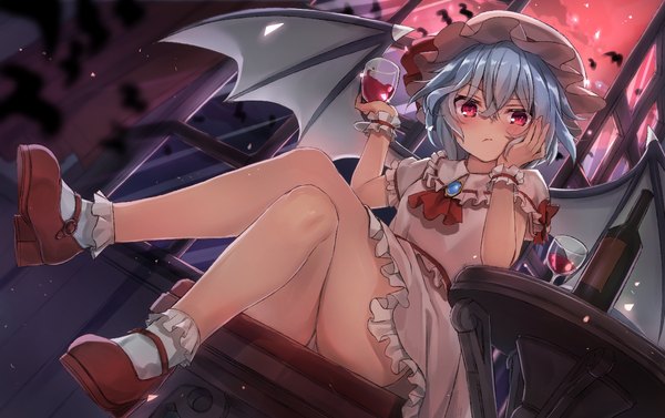 Anime picture 1337x841 with touhou remilia scarlet ruma imaginary single looking at viewer blush fringe short hair light erotic hair between eyes red eyes sitting holding blue hair full body bent knee (knees) ass indoors arms up from below