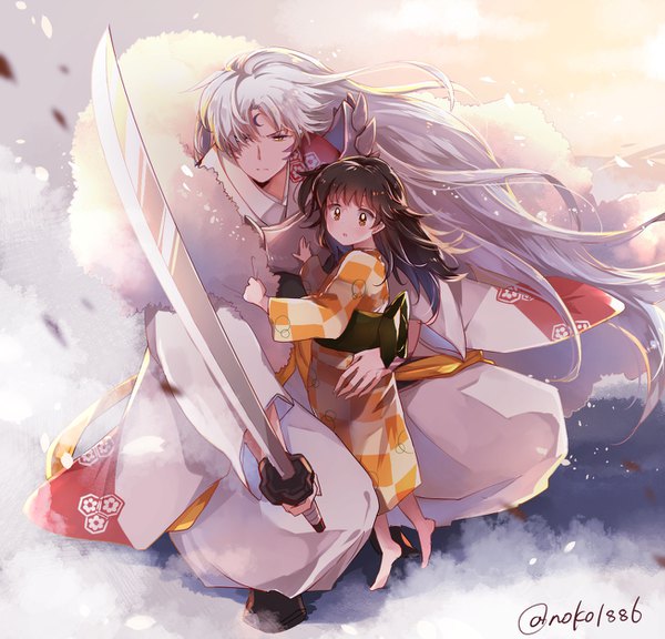 Anime picture 1306x1254 with inuyasha sesshomaru rin (inuyasha) noko (noko1886) long hair blush fringe open mouth brown hair standing holding brown eyes signed yellow eyes looking away full body white hair very long hair traditional clothes japanese clothes