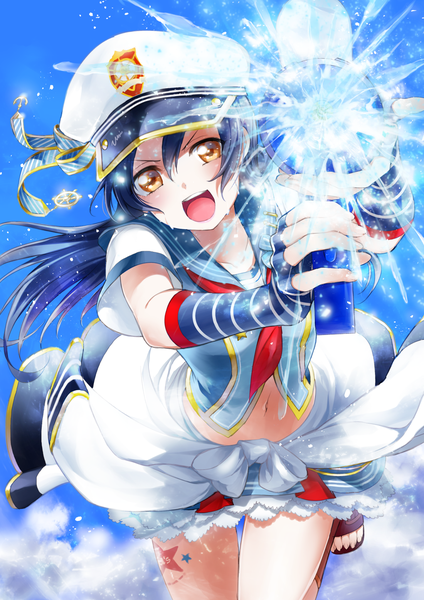 Anime picture 1100x1555 with love live! school idol project sunrise (studio) love live! sonoda umi kisaragi mizu single long hair tall image fringe open mouth hair between eyes brown eyes blue hair looking away sky cloud (clouds) bent knee (knees) :d bare belly >:d
