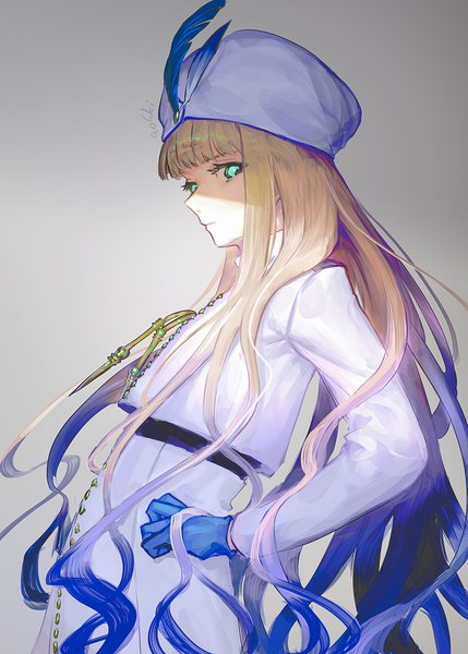 Anime picture 1036x1450 with fate (series) fate/grand order noah (fate) aohki mimei single long hair tall image fringe simple background blonde hair green eyes signed looking away blunt bangs grey background gradient hair boy gloves headdress blue gloves