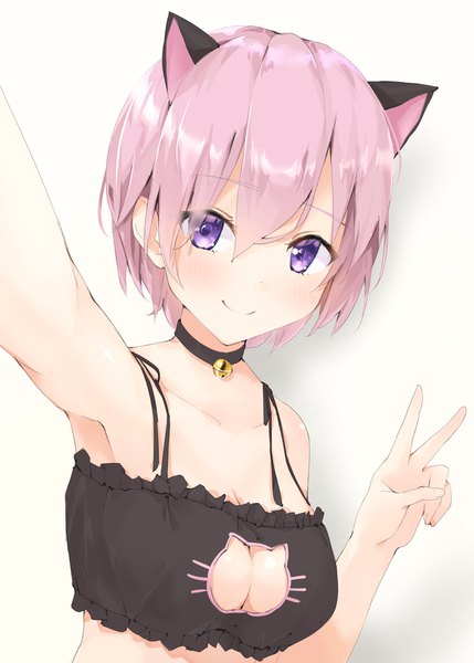 Anime picture 1480x2071 with fate (series) fate/grand order mash kyrielight hiyoko (kokeko) single tall image looking at viewer blush fringe short hair breasts light erotic simple background smile hair between eyes white background purple eyes animal ears pink hair cleavage