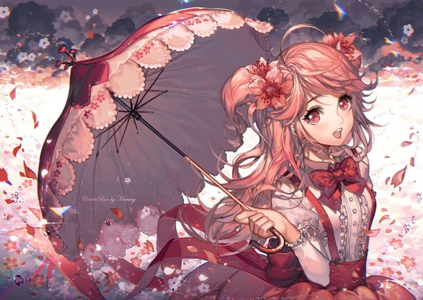 Anime picture 1024x726 with cookie run cherry blossom cookie kawacy single long hair looking at viewer blush fringe open mouth twintails holding signed payot pink hair sky cloud (clouds) ahoge outdoors pink eyes hair flower
