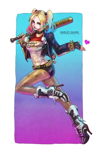 Anime picture 2178x3508 with batman suicide squad dc comics harley queen monori rogue single tall image looking at viewer highres short hair blue eyes simple background blonde hair twintails blue hair pink hair ass pink eyes multicolored hair high heels