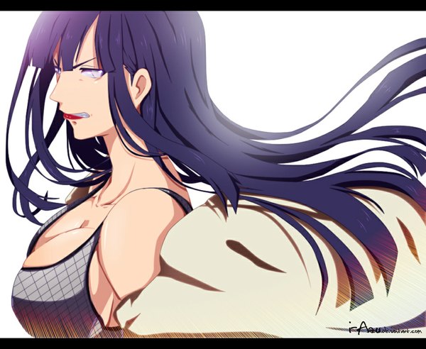 Anime picture 1000x821 with naruto studio pierrot naruto (series) hyuuga hinata i-azu single long hair breasts light erotic black hair large breasts white background bare shoulders lipstick grin coloring letterboxed angry white eyes girl