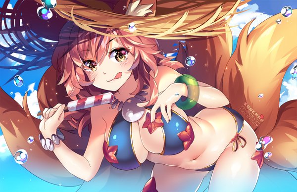 Anime picture 1250x809 with fate (series) fate/grand order tamamo (fate) (all) tamamo no mae (swimsuit lancer) (fate) squchan single long hair looking at viewer blush fringe breasts light erotic smile hair between eyes large breasts standing holding brown eyes signed animal ears
