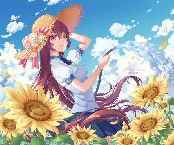 Anime picture 2362x1966 with original guliangdun single highres purple eyes looking away sky purple hair cloud (clouds) very long hair girl flower (flowers) hat straw hat sunflower hose