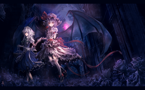 Anime picture 1440x900 with touhou remilia scarlet izayoi sakuya archlich short hair red eyes wide image multiple girls white hair braid (braids) maid twin braids flying bat wings red moon girl thighhighs dress ribbon (ribbons) bow