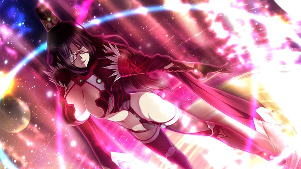 Anime picture 1024x576 with legend seven (game) long hair breasts light erotic black hair red eyes wide image large breasts game cg girl thighhighs black thighhighs glasses