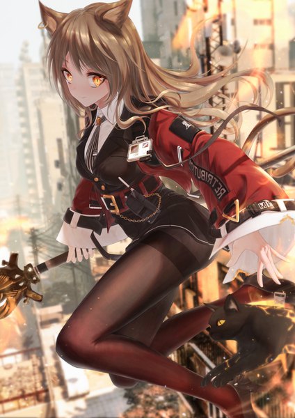 Anime picture 2894x4093 with arknights skyfire (arknights) bae.c single long hair tall image looking at viewer blush fringe highres breasts brown hair holding animal ears yellow eyes bent knee (knees) tail long sleeves animal tail pleated skirt