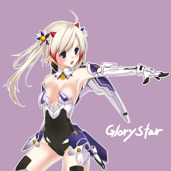 Anime picture 2000x2000 with elsword aisha landar kuro (kuronell) long hair blush highres breasts open mouth light erotic blonde hair purple eyes twintails pointy ears purple background girl bodysuit