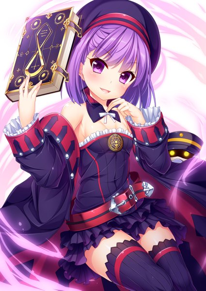 Anime picture 2508x3541 with fate (series) fate/grand order helena blavatsky (fate) wakagi repa single tall image looking at viewer blush highres short hair open mouth purple eyes purple hair loli girl thighhighs dress black thighhighs detached sleeves belt