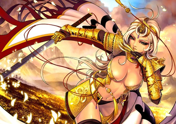 Anime picture 1202x848 with sayo tanku single long hair breasts light erotic blonde hair brown eyes sky cloud (clouds) mountain girl gloves navel hair ornament underwear panties weapon sword jewelry ring