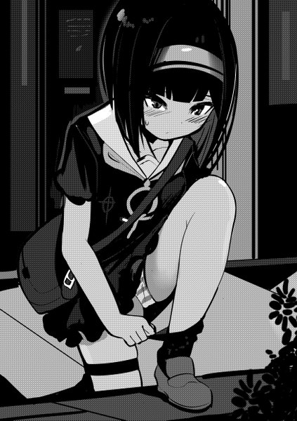 Anime picture 1748x2481 with original toy box-r single tall image fringe highres short hair light erotic black hair standing looking away bent knee (knees) blunt bangs leaning pantyshot leaning forward monochrome sweatdrop adjusting clothes girl