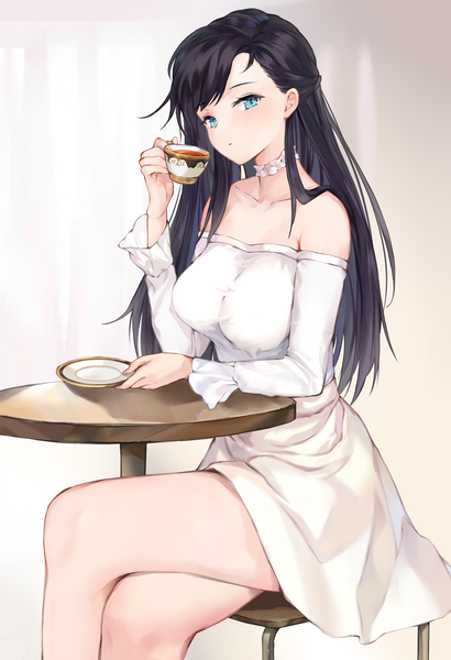 Anime picture 800x1169 with original aimee (origin) single long hair tall image looking at viewer blush fringe breasts blue eyes black hair simple background large breasts sitting bare shoulders holding off shoulder bare legs crossed legs half updo
