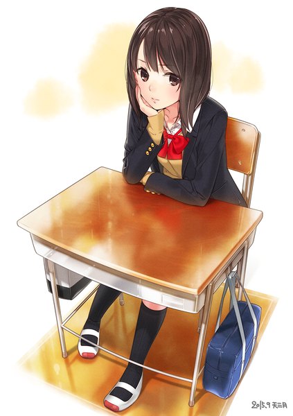 Anime picture 776x1100 with original ama mitsuki single long hair tall image looking at viewer blush fringe brown hair sitting brown eyes signed dated open collar hand on face head rest girl uniform bow school uniform