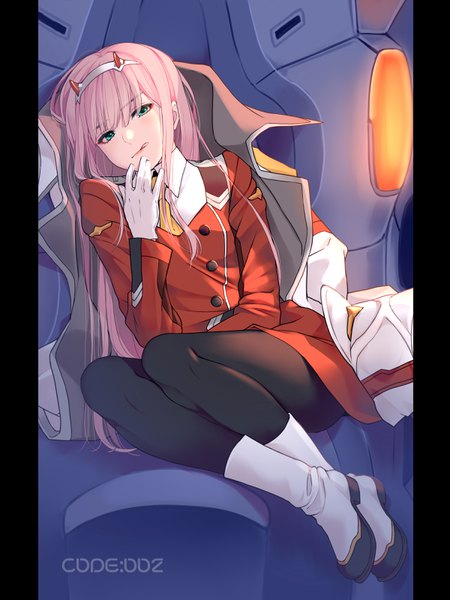 Anime picture 2400x3200 with darling in the franxx studio trigger zero two (darling in the franxx) kate iwana single long hair tall image looking at viewer fringe highres sitting green eyes pink hair full body horn (horns) character names hand to mouth clothes on shoulders :q pillarboxed
