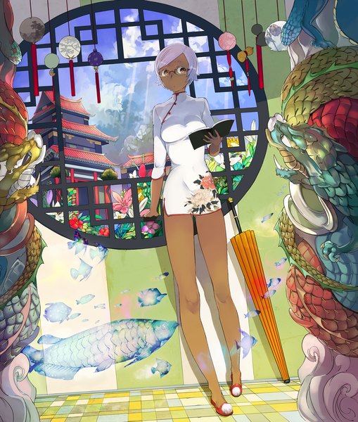 Anime picture 1000x1177 with original mikurou (miku toshiro) single tall image short hair blonde hair red eyes standing holding sky cloud (clouds) traditional clothes sunlight shadow dark skin floral print chinese clothes checkered floor checkered closed umbrella