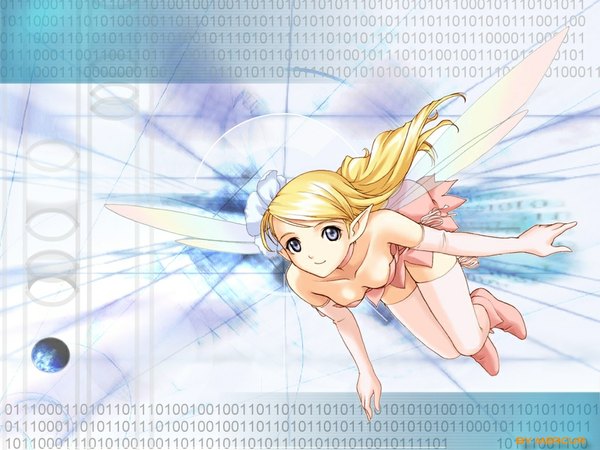 Anime picture 1024x768 with arcana tony taka single long hair looking at viewer fringe light erotic blonde hair smile bare shoulders full body pointy ears grey eyes flying fantasy fairy midair binary girl wings