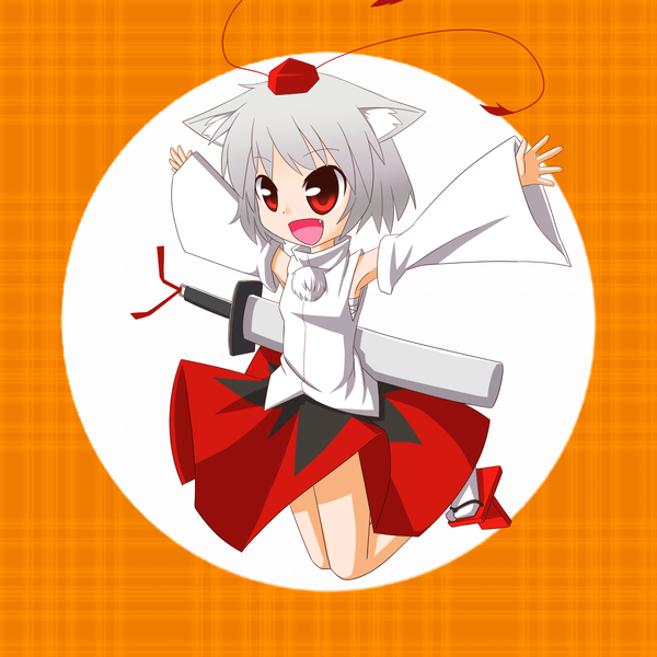 Anime picture 1200x1200 with touhou inubashiri momiji smile red eyes white hair teeth fang (fangs) orange background girl skirt hat detached sleeves sword katana