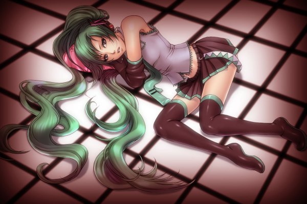 Anime picture 1200x800 with vocaloid hatsune miku zanma single twintails bare shoulders bent knee (knees) lying very long hair parted lips pleated skirt aqua eyes green hair from above midriff on side looking up girl thighhighs skirt
