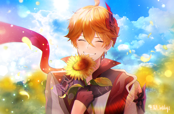 Anime picture 1997x1301 with genshin impact tartaglia (genshin impact) 364 holidays single highres short hair smile signed sky cloud (clouds) upper body ahoge eyes closed orange hair grin ^ ^ mask on head boy flower (flowers) petals