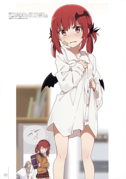 Anime picture 2463x3500 with gabriel dropout doga kobo milky been! (ogipote) - dd's gems (artbook) satanichia kurumizawa mcdowell ogipote tall image looking at viewer highres short hair red hair indoors pink eyes blurry scan wet fang (fangs) depth of field solo focus sweatdrop wet clothes