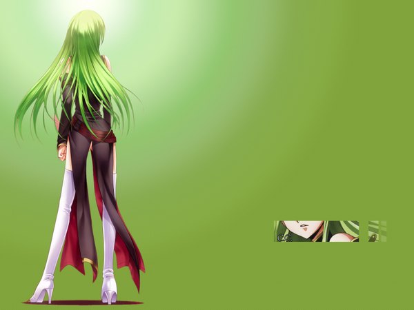 Anime picture 1600x1200 with code geass sunrise (studio) c.c. single long hair light erotic simple background standing bare shoulders full body long sleeves green hair from behind high heels green background girl uniform detached sleeves boots thigh boots