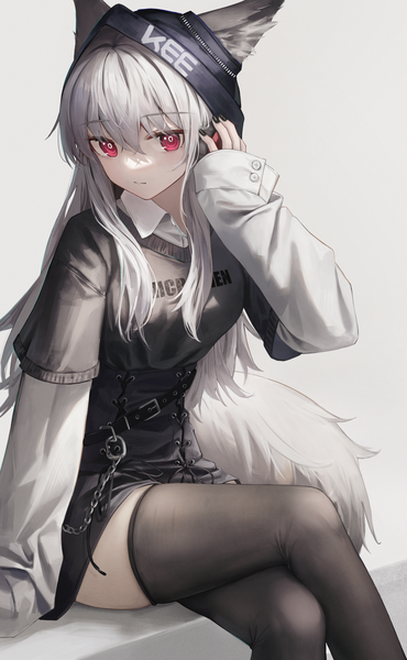 Anime picture 1480x2400 with arknights frostleaf (arknights) flippy (cripine111) single long hair tall image looking at viewer fringe simple background hair between eyes red eyes white background sitting animal ears silver hair tail long sleeves nail polish animal tail arm up