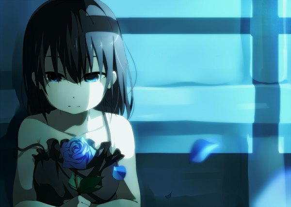 Anime picture 1122x800 with original ogipote single short hair blue eyes black hair bare shoulders girl dress flower (flowers) petals