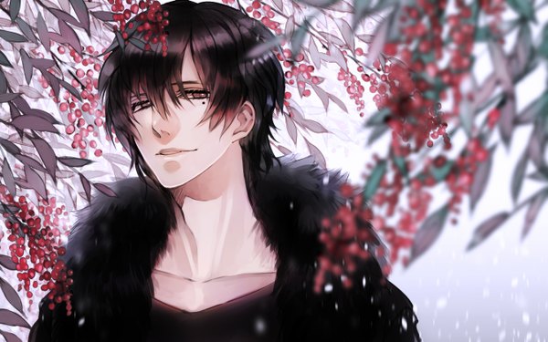 Anime picture 1344x840 with tagme (copyright) shijuu hachi looking at viewer fringe short hair open mouth black hair smile hair between eyes wide image brown eyes mole mole under eye snowing winter nature boy food fur leaf (leaves)