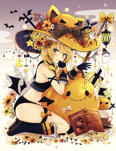 Anime picture 3096x4024 with original sakura oriko single long hair tall image looking at viewer blush fringe highres light erotic blonde hair smile hair between eyes sitting yellow eyes absurdres bent knee (knees) braid (braids) single braid halloween