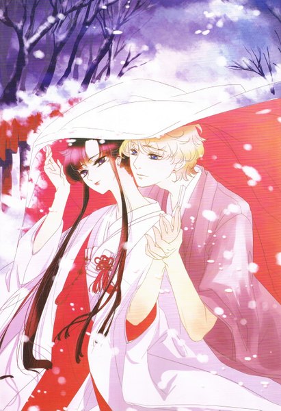 Anime picture 1020x1489 with bishoujo senshi sailor moon toei animation hino rei jadeite (sailor moon) tagme (artist) long hair tall image short hair blue eyes blonde hair brown hair standing purple eyes payot purple hair outdoors traditional clothes japanese clothes leaning leaning forward