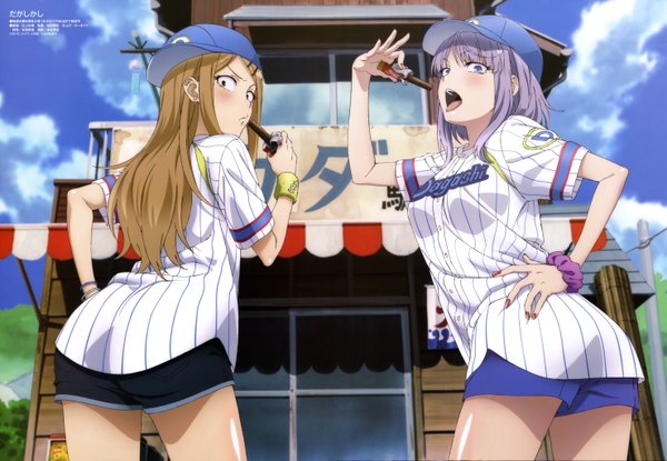 Anime picture 5907x4093 with dagashi kashi megami magazine feel (studio) shidare hotaru endou saya (dagashi kashi) long hair blush highres short hair open mouth blue eyes brown hair multiple girls brown eyes absurdres purple hair official art wrist scrunchie girl 2 girls