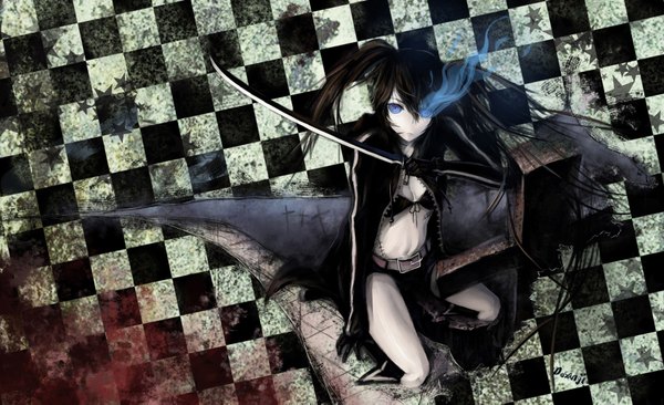 Anime picture 1700x1037 with black rock shooter black rock shooter (character) 2y.z (artist) single long hair highres blue eyes black hair wide image twintails glowing scar glowing eye (eyes) checkered background girl sword katana cloak bikini top