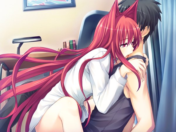 Anime picture 1600x1200 with gurenka kuon (gurenka) nekonyan long hair short hair black hair red eyes animal ears game cg red hair girl boy shirt blood