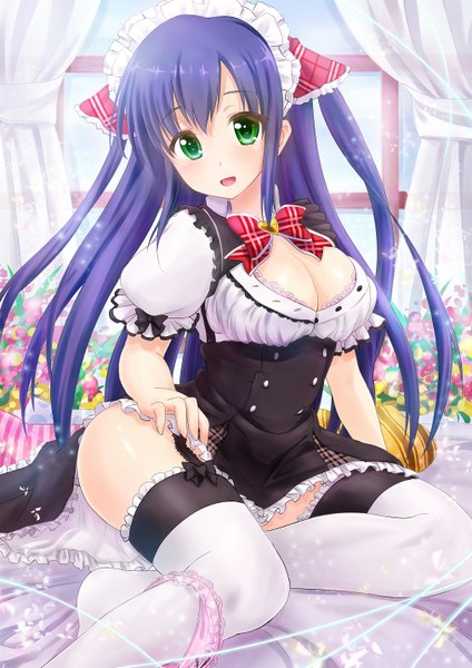 Anime picture 1013x1433 with original takeashiro single long hair tall image looking at viewer blush open mouth light erotic green eyes blue hair cleavage girl thighhighs dress uniform white thighhighs headdress